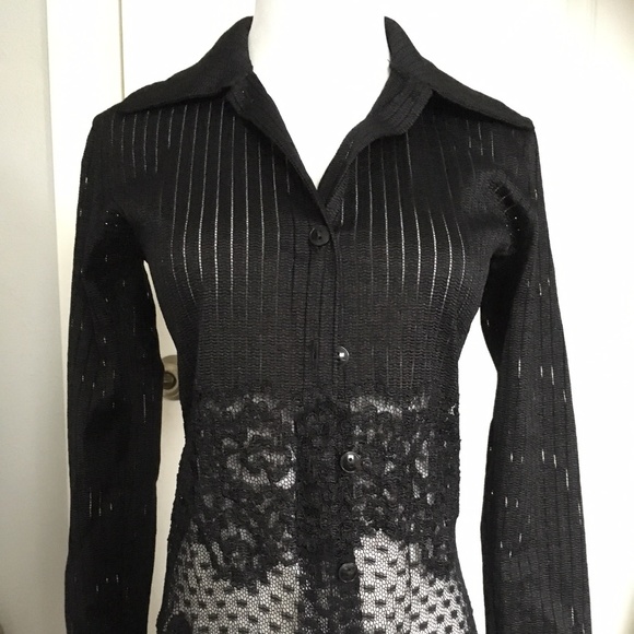 Black Button Down Lace Dress Shirt - Picture 2 of 5